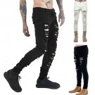 Men\'s Slim Skinny Runway Straight Elastic Denim Pants Destroyed Ripped Jeans Hole Casual Brief Men 
