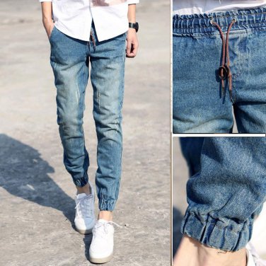 Classic Jeans Men Quality Light Blue Mens Joggers Elastic Waist Drawstring Slim Fit Men Casual Jeans