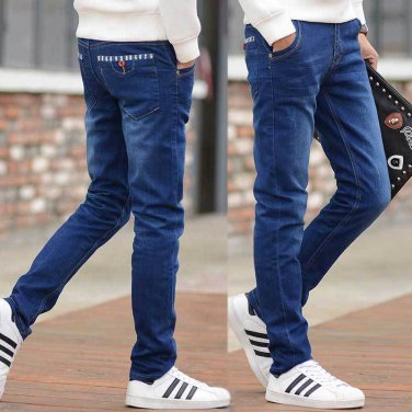 Summer thin foot trousers Men Elastic Casual Straight Jeans Mid Cowboy Pants Skinny Blue Men Stretch