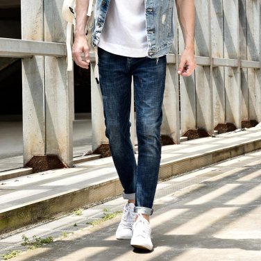 High Grade England Style Denim Overalls Blue Stretch Jeans Men Slim Fit Mid Stripe Brand Mens Model 