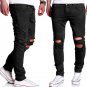 Mens Casual Skinny Jeans Pants Men Solid Black White Pencil Jeans Ripped Beggar Jeans With Knee Hole