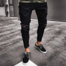 Men\'s Slim Skinny Full Length Runway Straight Elastic Denim Black Hole Destroyed Ripped Jeans