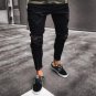 Men\'s Slim Skinny Full Length Runway Straight Elastic Denim Black Hole Destroyed Ripped Jeans