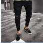 Men\'s Slim Skinny Full Length Runway Straight Elastic Denim Black Hole Destroyed Ripped Jeans