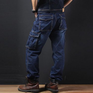 Idopy Men`s Casual Motorcycle Workwear Multi Pockets Denim Biker Cargo Jeans Pants For Men Plus Size