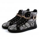 Fashion Brand Men High Top Shoes Metal Chain Zipper Leather Casual Shoes Snake Skin Ankle Boots Male
