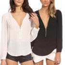 New Women 6 Colors 5 Sizes Fashion Sexy Deep V Neck Long Sleeve Chiffon With Zipper Blouse Tops