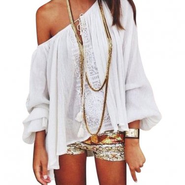2017 Summer Women Boho Loose Tops Off Shoulder Long Sleeve  Sexy White Shirt Lace Blouse