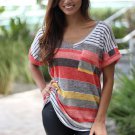 2017 Summer Hot Women Blouse V-Neck Short Sleeve Pockets Blouse Shirt Fashion Women Patchwork Color 