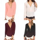 New Women\'s Fashion Casual Autumn V Neck Long Sleeve Zipper Sexy Tops Chiffon Blouses