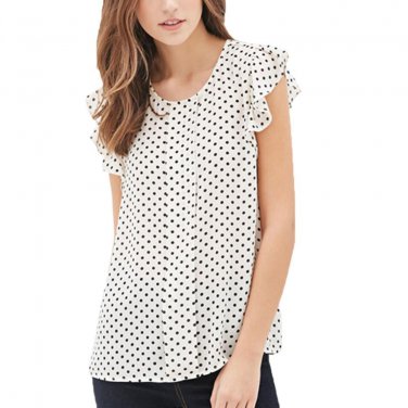 Summer Butterfly Sleeve Polka Dot Blouses Fashion O-Neck Women Chiffon Blouse White Black Color