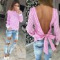 Women\'s Sexy Bowknot Backless Striped Slim Blouse Shirt Long Sleeve O Neck Top