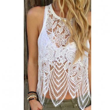 Blusas Sexy Hollow out Summer White Women Lace Crochet Vest Tank Top Casual Sleeveless Blouse  vetem