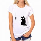 CDJLFH 2017 Summer Women Short Sleeve Blouse Cats Want To Eat Fish Print Tops Shirt Color 8 Pattern 