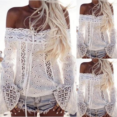 Boho Women Sexy Off Shoulder Casual Solid Shirts Lace Top Tees Blouse Tops HOT Lace Floral Blouse