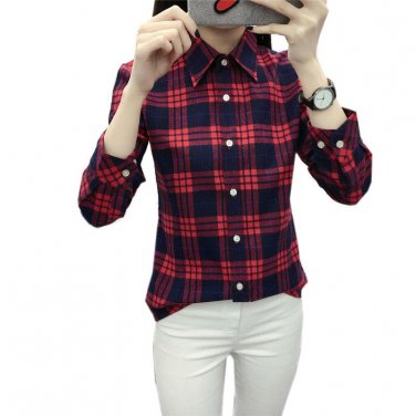 3XL Plus Size Women Tops New Spring 2017 Female Lapel Full Cotton Plaid Shirt Long Sleeve Big Size S