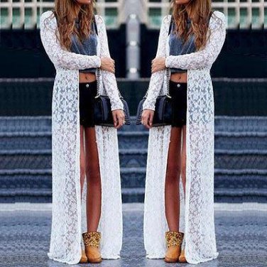 BOHO Women Ladies Summer Long Sleeve Beach Lace Cardigan Blouse Long Tops Dress