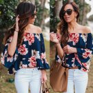 New Fashion Women Lady Sexy Chiffon Off Shoulder Floral Print Butterfly Three Quarter Sleeve Slash N