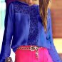 women blouse summer chiffon and lace patchwork long sleeve slash neck thin non-transparent colorful