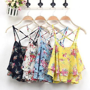Bluelans Women\'s Summer Sleeveless Strap Flower Print Chiffon Shirt Vest Blouses Crop Top