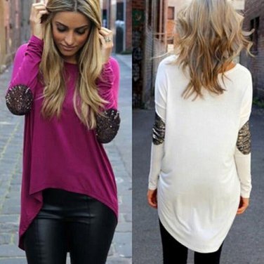 New Arrival Women Casual Sequin Stitching Long Sleeved Round Neck Irregular Hem Tops Blouse