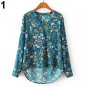 Women Casual Long Sleeve V-neck Floral Print Shirt Chiffon Blouse Irregular Top