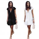 Women Summer Casual Loose Short Sleeve Deep V-Neck Chiffon Blouse Party Dress