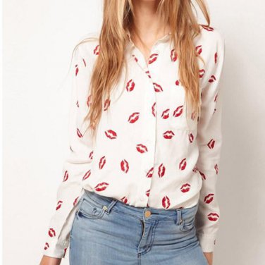 Fashion Spring Women Button Down OL Lady Shirt Blouse Collared Chiffon Long Sleeve Kiss Printed Blus