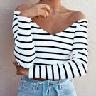 Women Sexy V neck Off Shoulder Crop Strapless Long Sleeve Striped Autumn Long sleeve Shirt Chemise F