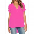 Women Female Girl Chiffon Blouse V Neck Short Sleeve Shirts Blue Gray Orange