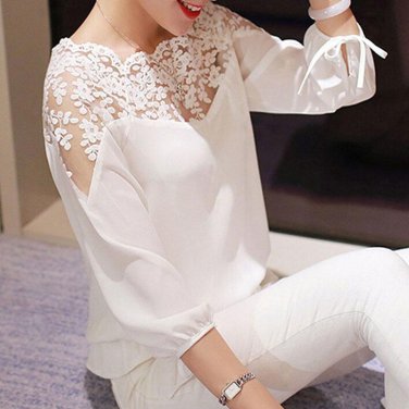 Elegant Women Blouses Plus Size Summer Long Sleeve White Slim Crochet Hollow Lace Women Tops Shirts