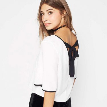 Topjini Plus Size 2017 Women Half Sleeve Tops 6XL White Chiffon Back Bow Tie Shirt Casual Summer V-n