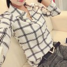 Women\'s Long Sleeve White Shirts Plaids Pattern Lapel Casual Blouse Tops