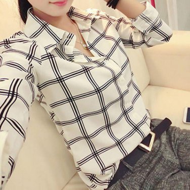 Women\'s Long Sleeve White Shirts Plaids Pattern Lapel Casual Blouse Tops