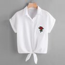 White Blouse Cropped Rose Appliques New Women Blouse Short Sleeve With Pocket Korean Fashion Blusas 