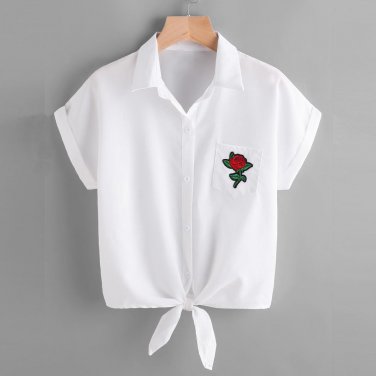 White Blouse Cropped Rose Appliques New Women Blouse Short Sleeve With Pocket Korean Fashion Blusas 