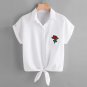 White Blouse Cropped Rose Appliques New Women Blouse Short Sleeve With Pocket Korean Fashion Blusas 