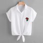 White Blouse Cropped Rose Appliques New Women Blouse Short Sleeve With Pocket Korean Fashion Blusas 