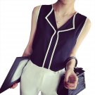New Fashion Women Summer V-neck Sleeveless Chiffon Patchwork Vest Blouse Tops Black
