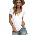 Women Sexy V Neck Blouse Lace Up Causal Short Sleeve Shirt Women Hollow out Strappy Front Blouses La