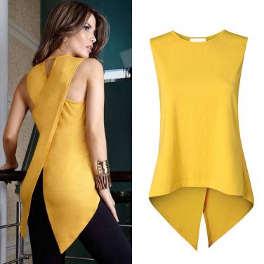 Womens Sleeveless Swallowtail Asymmetry Pullover Ladies Casual Tops Shirt Summer Blouse Yellow Summe