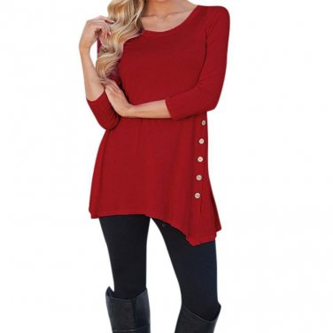 New Arrival Women Long Sleeve Loose Button Trim Tees solid color Round Neck Tunic Blouse Shirt O-Nec