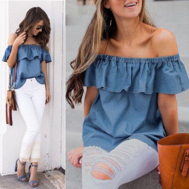 2017New Womens Summer Off Shoulder Ruffles Sleeve Boho Casual Blouses Fashion Jeans Blue Denim Top S