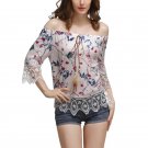Women Vintage Elegance Slash Neck Off Shoulder Floral Printed Short Sleeve Soft Chiffon Lace Summer 
