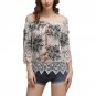 Women Vintage Elegance Slash Neck Off Shoulder Floral Printed Short Sleeve Soft Chiffon Lace Summer