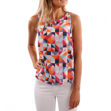 Summer Women shirt Multicolor Printed shirt Sleeveless Casual O-Neck Cropped 2017 Sexy Shirts Fitnes