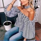THINKTHEDO Women Summer Striated Straight Collar Puff Sleeve Blouse  Off Shoulder Sexy Top
