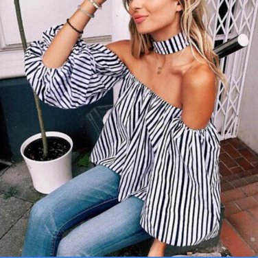 THINKTHEDO Women Summer Striated Straight Collar Puff Sleeve Blouse  Off Shoulder Sexy Top