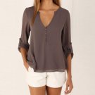 New Spring Fashion Women deep v neck button long sleeve ladies tops chiffon shirts solid elegant Top