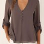 New Spring Fashion Women deep v neck button long sleeve ladies tops chiffon shirts solid elegant Top